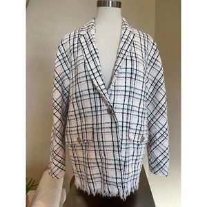 Maje Black and White Plaid Blazer with Pink Accents